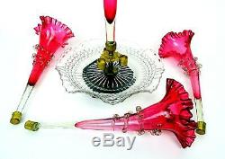 Victorian Antique Art Glass Cranberry Crimped Rigaree Trial 4 Horn Epergne 1875