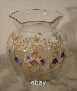 Victorian Antique Art Glass Enamel Floral Decorated Rose Bowl