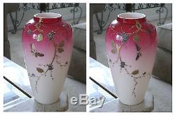 Victorian Antique Art Glass Harrach Peachblow Vases with Enamel Decoration