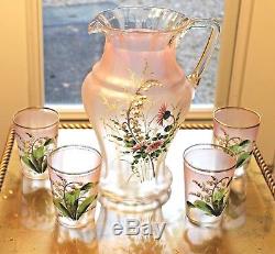 Victorian Antique Art Glass Lemonade Set with Enamel Decoration 4 Glasses