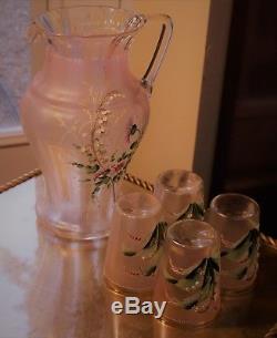 Victorian Antique Art Glass Lemonade Set with Enamel Decoration 4 Glasses