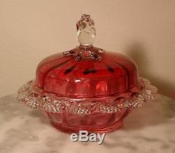 Victorian Antique Art Glass Ruby Covered Powder with Applied Rigaree and Finial