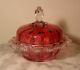 Victorian Antique Art Glass Ruby Covered Powder With Applied Rigaree And Finial