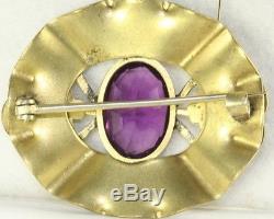 Victorian Antique Art Nouveau Large Purple Glass Brass Sash Pin Brooch