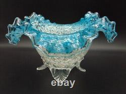 Victorian Antique Bohemian Blue Opal Mica Spangle Art Glass Bowl Applied Base