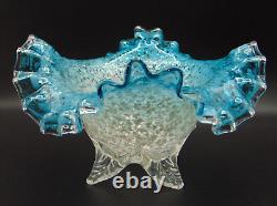 Victorian Antique Bohemian Blue Opal Mica Spangle Art Glass Bowl Applied Base