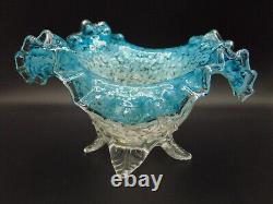 Victorian Antique Bohemian Blue Opal Mica Spangle Art Glass Bowl Applied Base