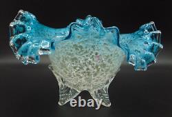 Victorian Antique Bohemian Blue Opal Mica Spangle Art Glass Bowl Applied Base