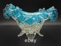 Victorian Antique Bohemian Blue Opal Mica Spangle Art Glass Bowl Applied Base