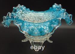 Victorian Antique Bohemian Blue Opal Mica Spangle Art Glass Bowl Applied Base