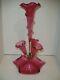 Victorian Antique Cranberry 4 Horn Epergne Art Glass Vase Central Flute Rigaree