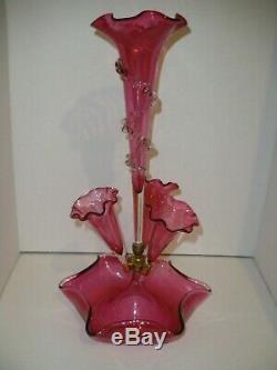 Victorian Antique Cranberry 4 Horn Epergne Art Glass Vase Central Flute Rigaree
