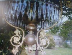 Victorian Antique Hanging Lamp or Chandelier, Floral Art Glass Shade English