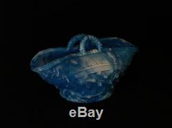 Victorian Antique Sowerby Blue Malachite or Slag Glass Handled Basket