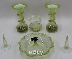 Victorian Antique Vaseline Six Piece Set Art Glass Epergne Centrepiece & Vases