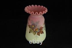 Victorian Antique Webb Burmese Pie Crust Rim Vase Art Glass Hand Painted