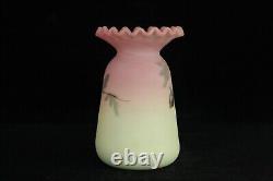 Victorian Antique Webb Burmese Pie Crust Rim Vase Art Glass Hand Painted