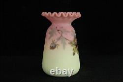 Victorian Antique Webb Burmese Pie Crust Rim Vase Art Glass Hand Painted