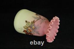 Victorian Antique Webb Burmese Pie Crust Rim Vase Art Glass Hand Painted