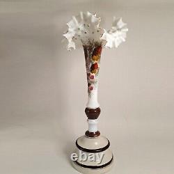 Victorian Antique hand painted retro art glass vase ruffle detailed milk glass