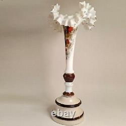 Victorian Antique hand painted retro art glass vase ruffle detailed milk glass