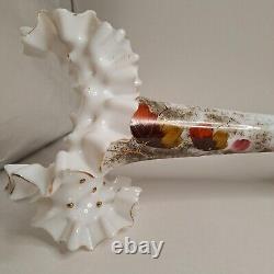 Victorian Antique hand painted retro art glass vase ruffle detailed milk glass