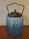 Victorian Art Blue Diamond Optic Pattern Glass Biscuit Jar