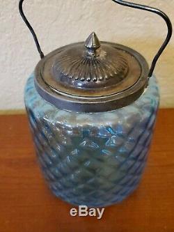 Victorian Art Blue Diamond Optic Pattern Glass Biscuit Jar
