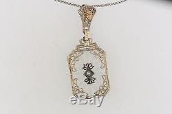Victorian Art Deco Sterling Camphor Glass Filigree Diamond Pendant Necklace