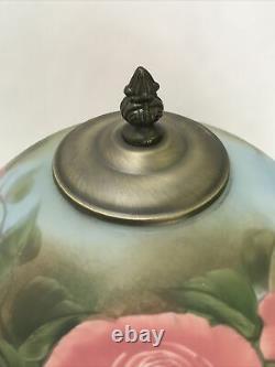 Victorian Art Deco Style Boudoir Table Lamp Reverse Painted Rose Pink Blue Green