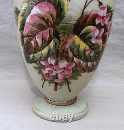 Victorian Art Glass Blue Crest Hand Painted Birds & Flowers Vase 10 1/2