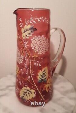 Victorian Art Glass Bohemian Cranberry Tankard Pitcher Enamel Floral Decoration