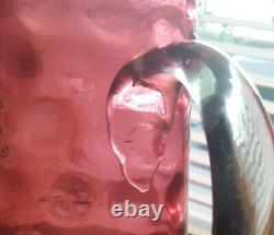 Victorian Art Glass Bohemian Cranberry Tankard Pitcher Enamel Floral Decoration