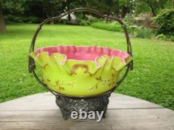 Victorian Art Glass Brides Bowl Gold Enamel Opaque Verde Rubina Meriden Silver