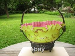 Victorian Art Glass Brides Bowl Gold Enamel Opaque Verde Rubina Meriden Silver