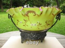 Victorian Art Glass Brides Bowl Gold Enamel Opaque Verde Rubina Meriden Silver