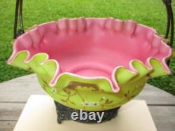 Victorian Art Glass Brides Bowl Gold Enamel Opaque Verde Rubina Meriden Silver