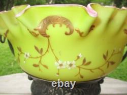 Victorian Art Glass Brides Bowl Gold Enamel Opaque Verde Rubina Meriden Silver
