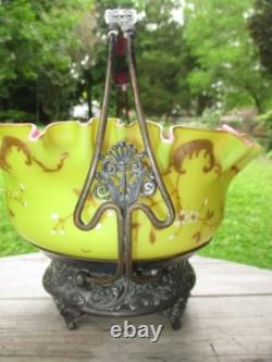 Victorian Art Glass Brides Bowl Gold Enamel Opaque Verde Rubina Meriden Silver