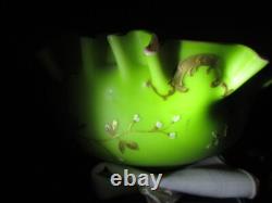 Victorian Art Glass Brides Bowl Gold Enamel Opaque Verde Rubina Meriden Silver