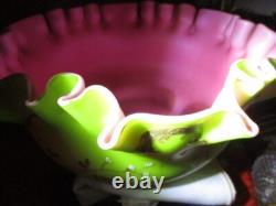 Victorian Art Glass Brides Bowl Gold Enamel Opaque Verde Rubina Meriden Silver