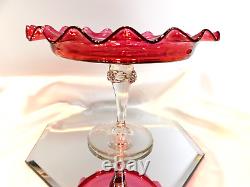 Victorian Art Glass Cranberry Compote Clear Stem Raspberry Prunts Hand Blown