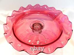 Victorian Art Glass Cranberry Compote Clear Stem Raspberry Prunts Hand Blown