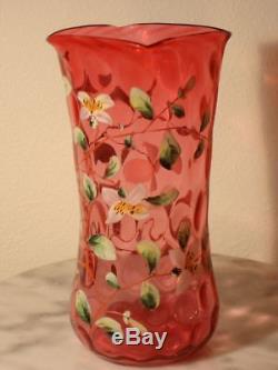 Victorian Art Glass Cranberry Inverted Thumbprint Enamel Dogwood Florals