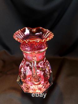 Victorian Art Glass Enameled Cranberry Lemonade Pitcher Applied Handle 11 Tall