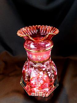 Victorian Art Glass Enameled Cranberry Lemonade Pitcher Applied Handle 11 Tall