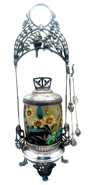 Victorian Art Glass Enameled & Meriden Quadruple Silver Plate Pickle Castor