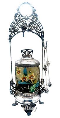 Victorian Art Glass Enameled & Meriden Quadruple Silver Plate Pickle Castor Victorian Art Glass Enameled & Meriden Quadruple Silver Plate Pickle Castor