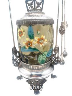 Victorian Art Glass Enameled & Meriden Quadruple Silver Plate Pickle Castor Victorian Art Glass Enameled & Meriden Quadruple Silver Plate Pickle Castor
