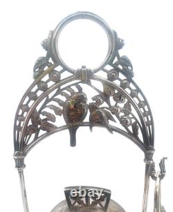 Victorian Art Glass Enameled & Meriden Quadruple Silver Plate Pickle Castor Victorian Art Glass Enameled & Meriden Quadruple Silver Plate Pickle Castor